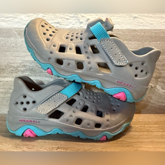 Merrell Other - Merrell Kids' Gray Water Shoes with Pink and Blue Accents Crocs Velcro 10c